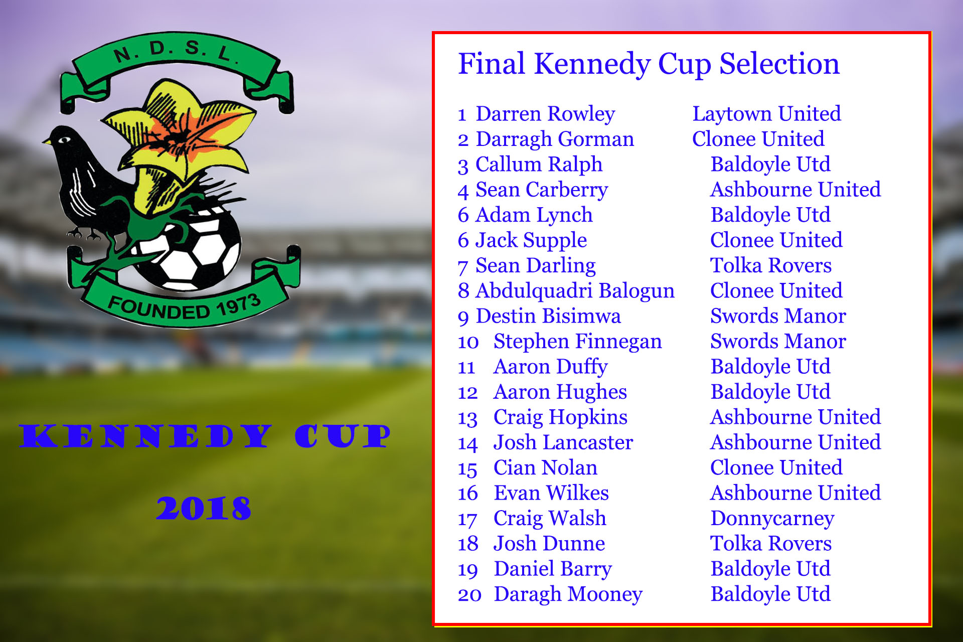 Kennedy Cup Squad for 2018